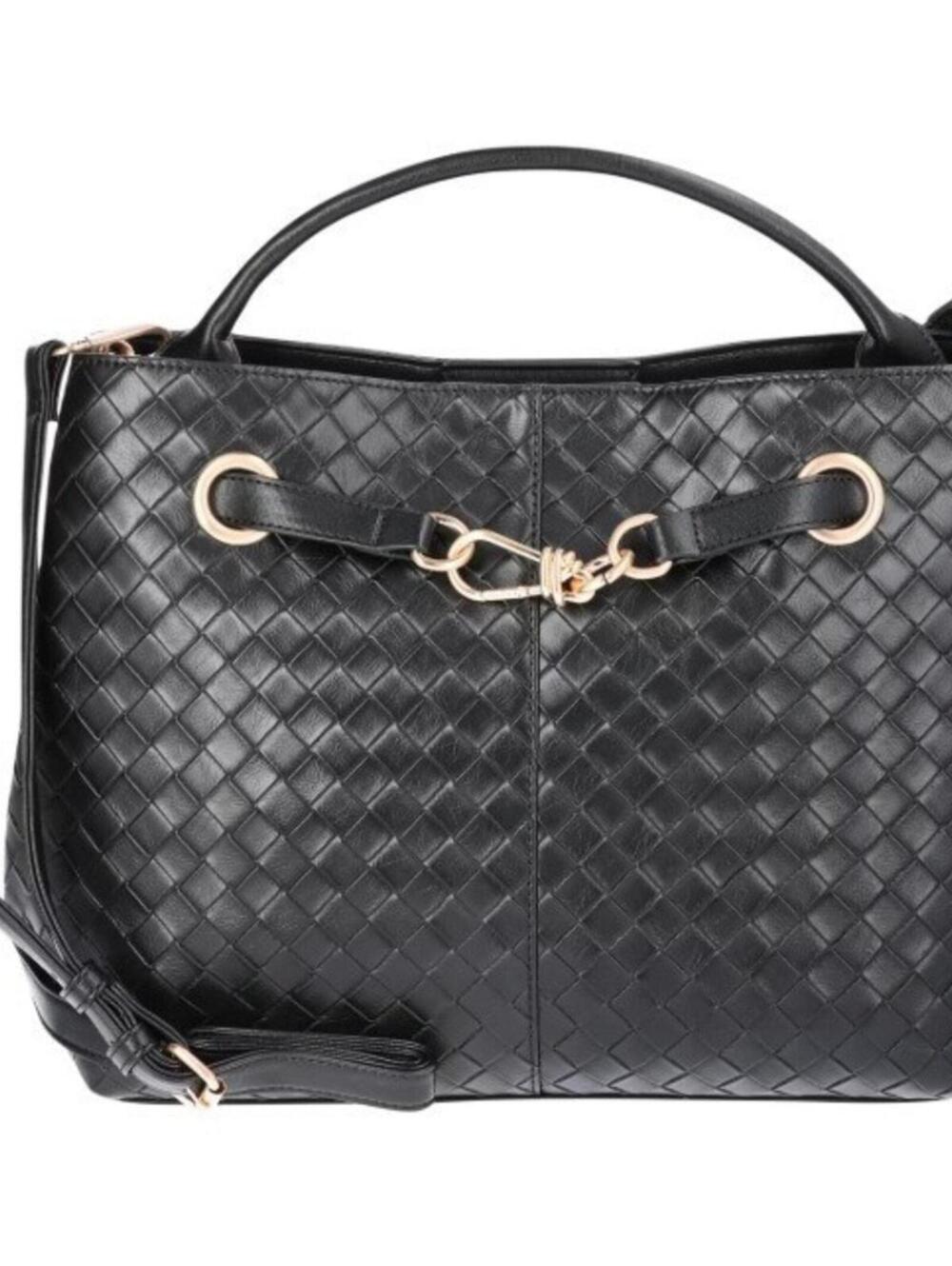 Black Woven Vegan Leather Crossbody Bag Gold Chain Detail Medium Bucket Tote